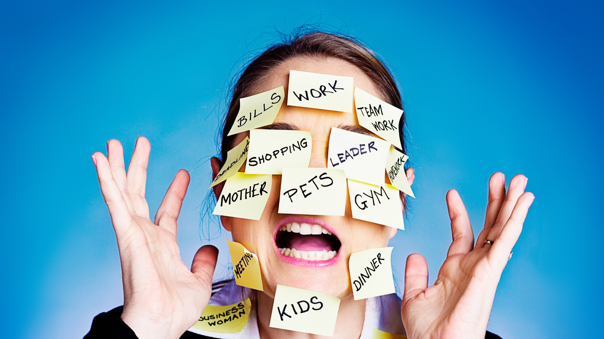 Woman with post-it notes on her face